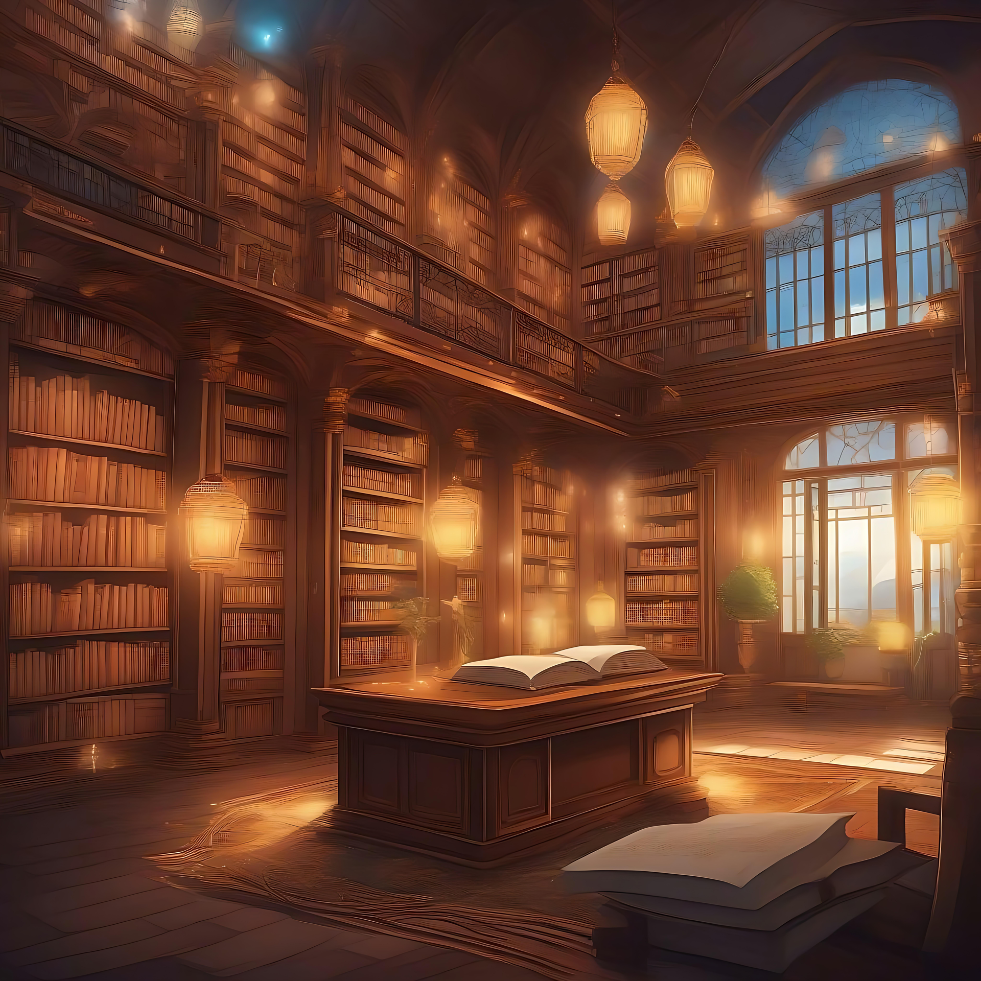 Förtrollande Animebibliotek Omslutet av Gyllene Glöd Ett mystiskt animebibliotek med gyllene ljus och höga bokhyllor.