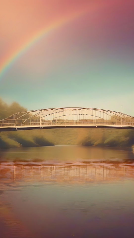 Arco iris de ensueño arqueándose sobre un puente sereno Un hermoso arco iris se arquea sobre un puente pacífico y un río tranquilo durante una serena puesta de sol.