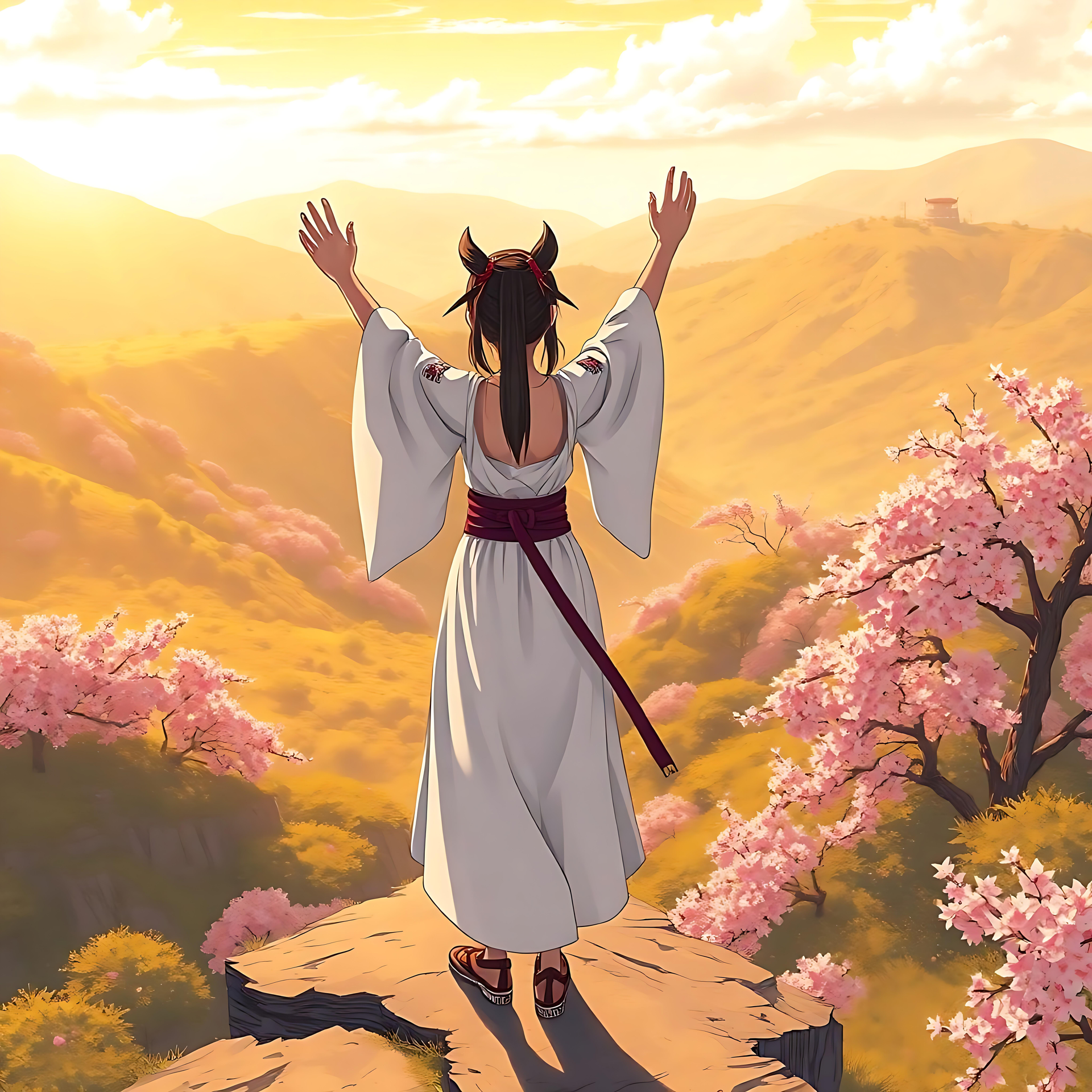 Rauhallinen auringonlasku kukkivan anime-maiseman yllä Anime-taideteos valkoisessa viitassa olevasta naisesta, joka seisoo kalliolla kirsikankukkien ja kultaisen auringonlaskun kanssa.