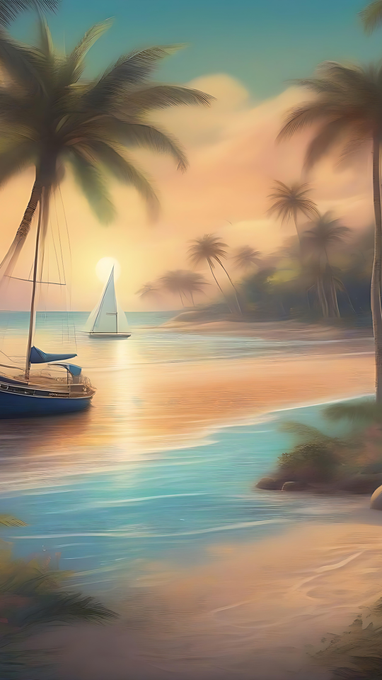 Tranquility by the Tropical Sunset Shore A serene sunset over a tropical beach with palm trees, a sailboat, and vivid pastel skies.
