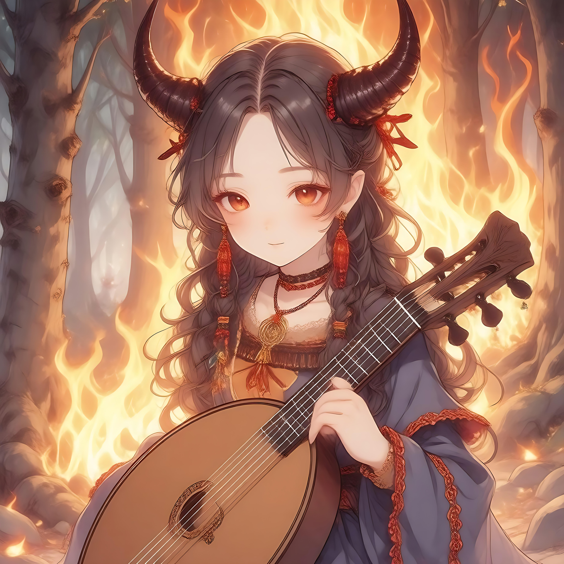 Büyüleyici Lutlu Ateşli İblis Lut tutarken parıldayan ateşli bir arka plana sahip anime iblisi, gizem ve güzelliği çağrıştırıyor.