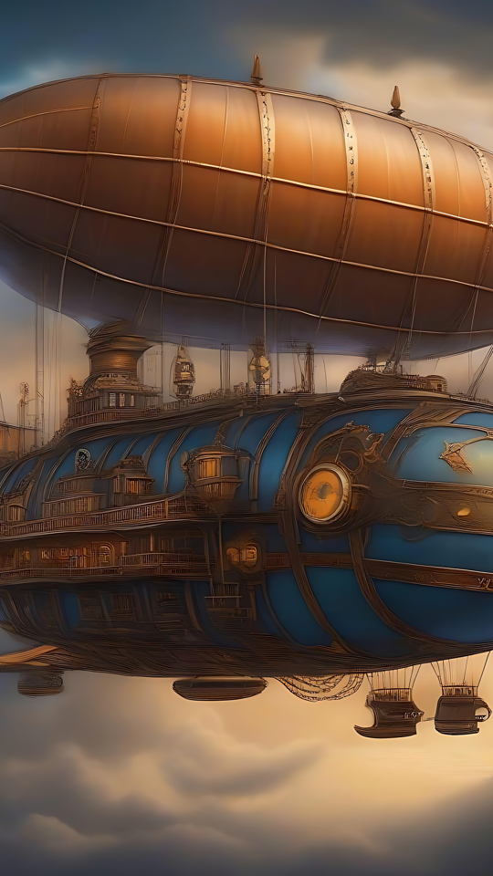 Un majestueux dirigeable steampunk s'élance dans le ciel éthéré Un aéronef animé steampunk magnifiquement conçu volant au milieu de nuages sereins.