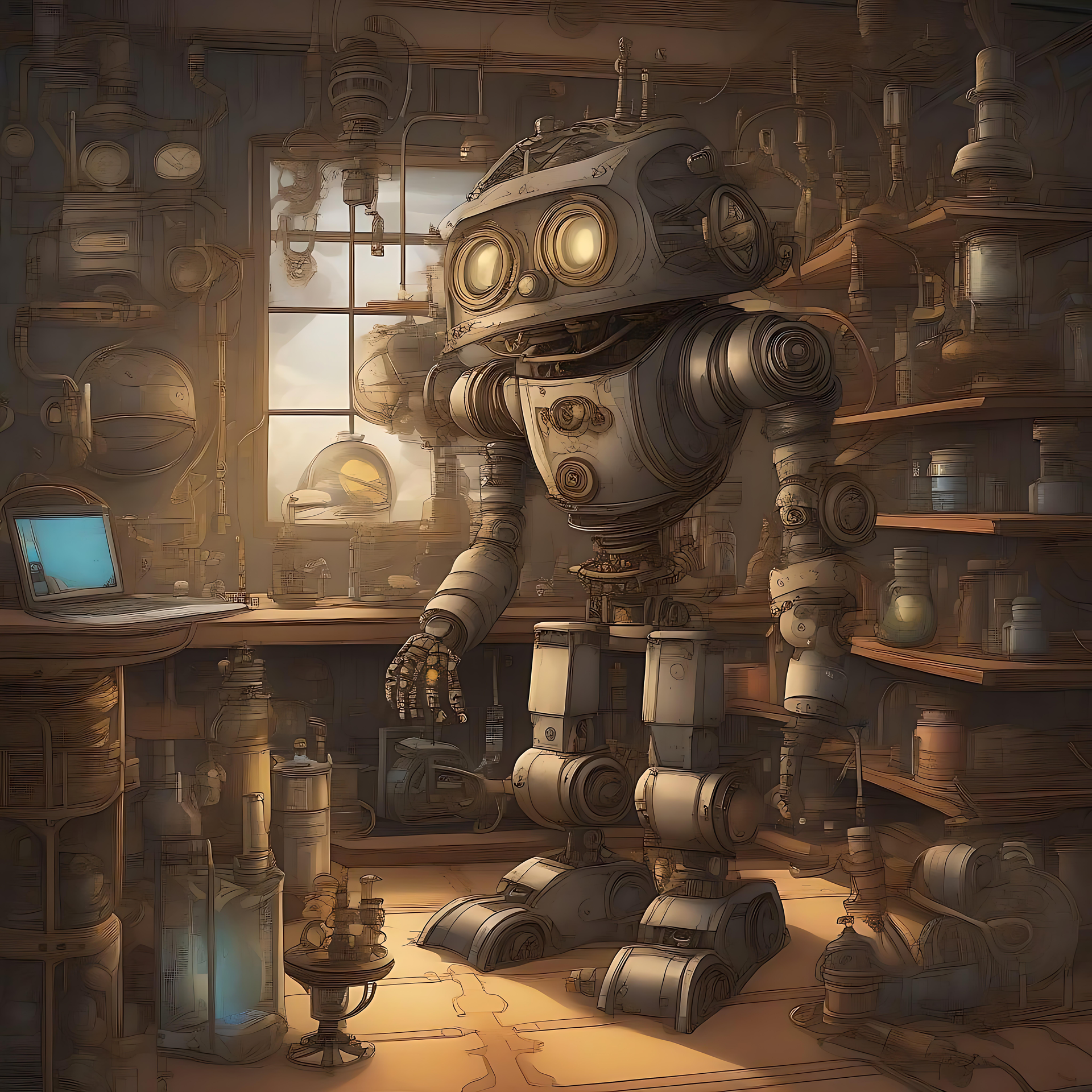 Futuristinen Steampunk-robotti Vintage-työpajassa Steampunk-anime-tyylinen robotti seisomassa vintage-työpajassa antiikkikoneiden ympäröimänä.