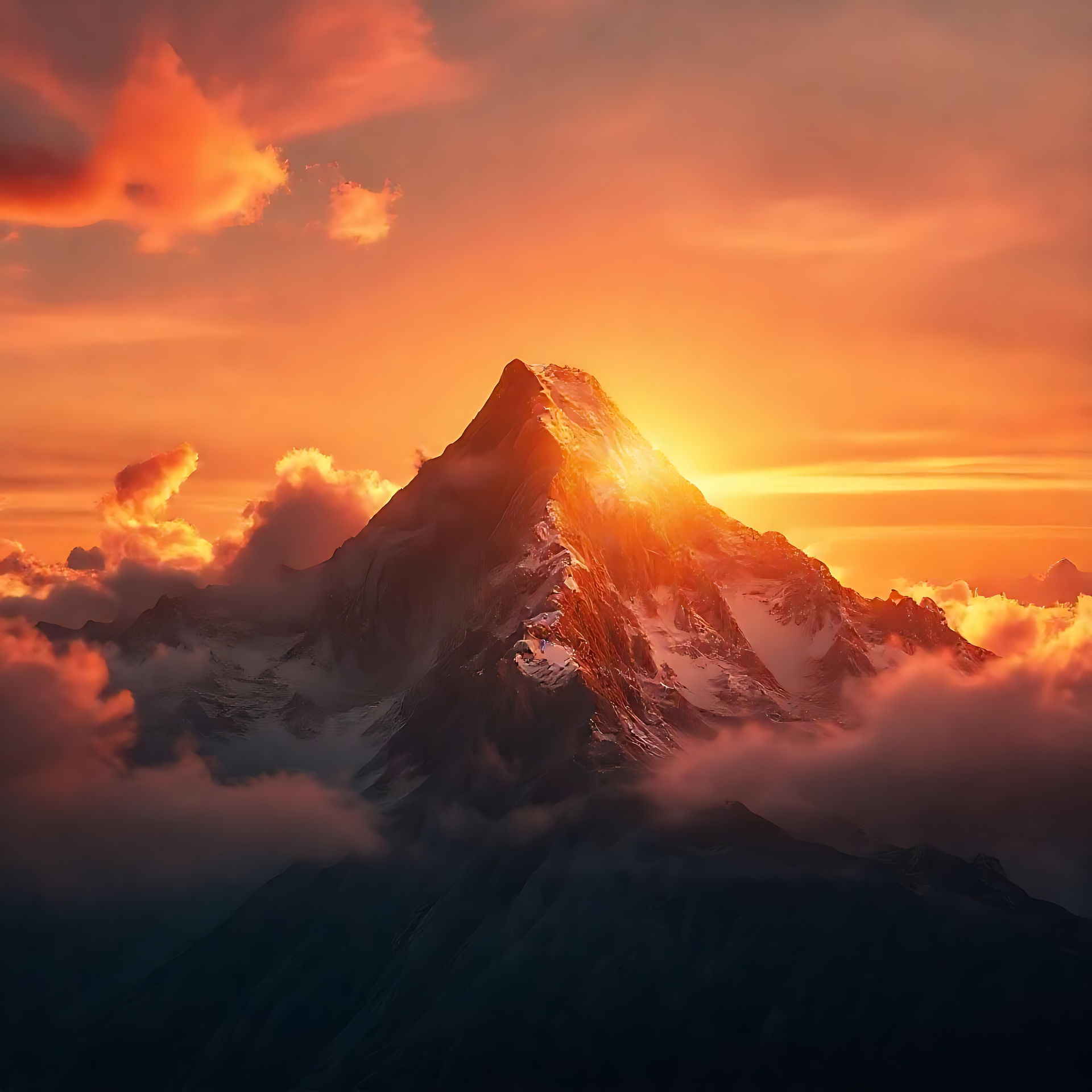 Lo splendore infuocato di un'alba su una vetta maestosa Un'alba infuocata che illumina una vetta montana innevata circondata da vivaci nuvole arancione-rosa.