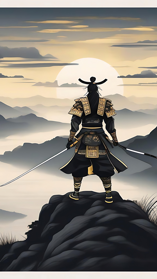 Samurai ved daggry: Majestætisk ro i kunsten Samurai-kriger stående på en bjergtop ved daggry med en glødende sol i baggrunden og tågede bjerge nedenfor.