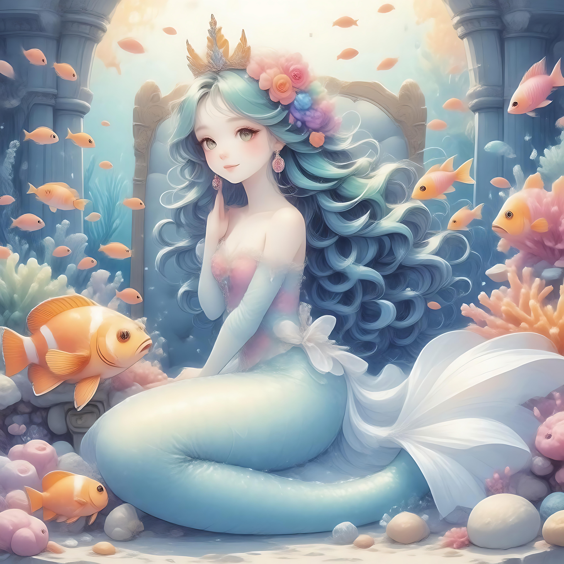 Ätherische Meerjungfrau in einem lebendigen Unterwasser-Eden Anime-Meerjungfrau, die elegant mit bunten Fischen in einem Unterwasser-Fantasyreich sitzt.