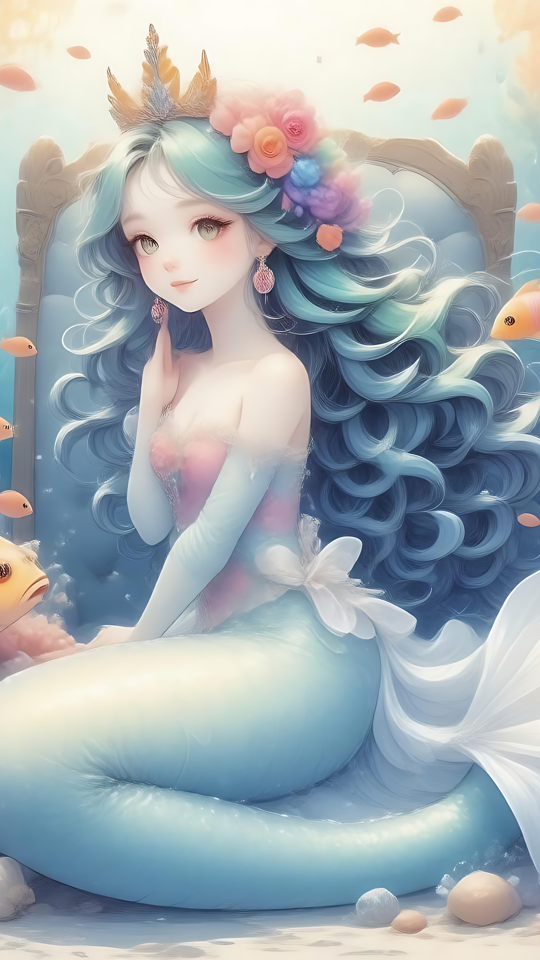 Ätherische Meerjungfrau in einem lebendigen Unterwasser-Eden Anime-Meerjungfrau, die elegant mit bunten Fischen in einem Unterwasser-Fantasyreich sitzt.