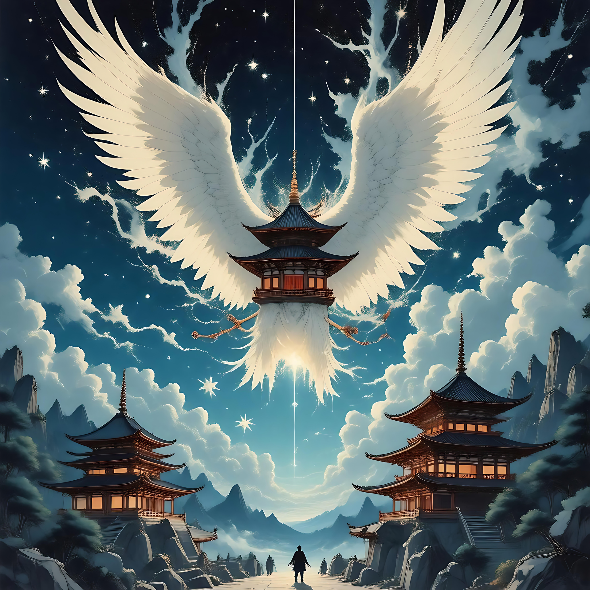 Majestic Anime Artwork: A Winged Pagoda Reaching for the Stars Anime art showing a winged pagoda floating in a heavenly sky with Japanese architectural elements.