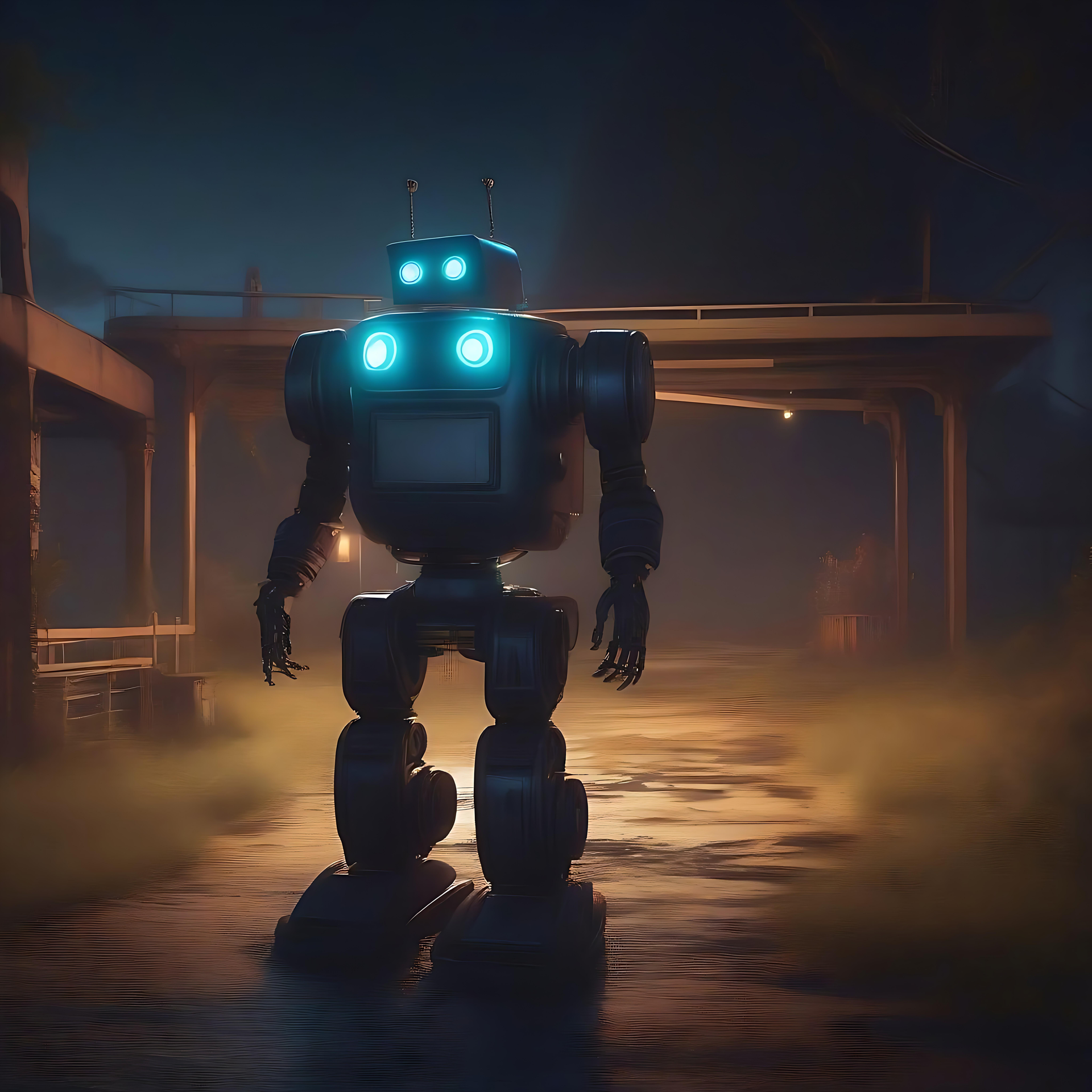 Yalnız Bir Robotun Esrarengiz Parıltısı Gece sisli bir endüstriyel manzaranın ortasında duran parlayan bir robot.