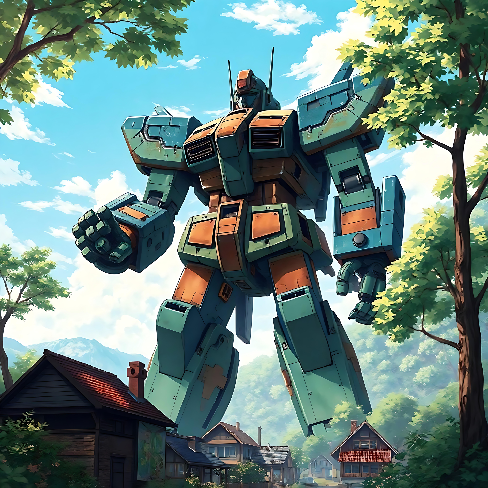 Mecha Imposant dans un Village Anime Serein Un robot mecha d'anime dominant un village paisible avec des arbres et des maisons