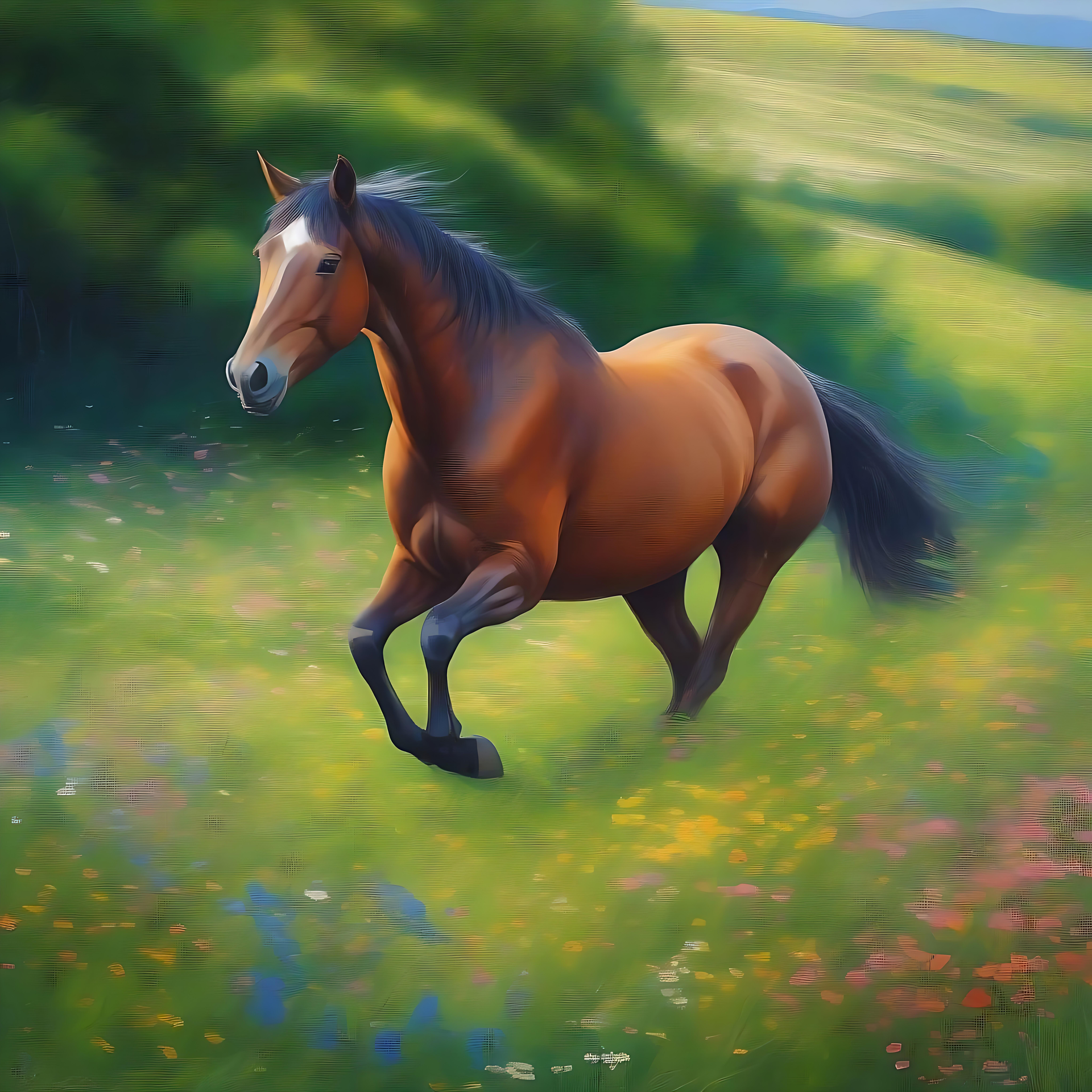 Cavalo a galopar num paraíso de flores silvestres Um cavalo castanho majestoso a galopar num prado com flores silvestres.