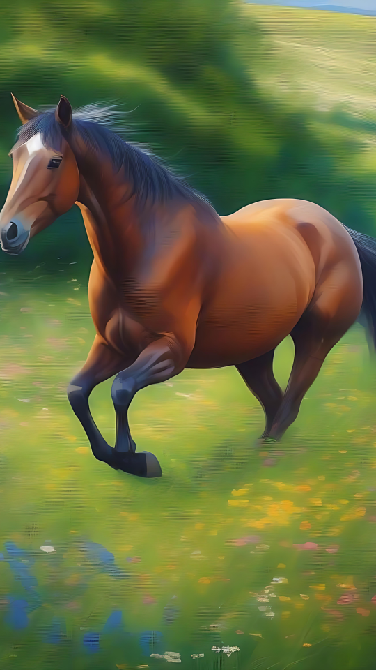 Cavalo a galopar num paraíso de flores silvestres Um cavalo castanho majestoso a galopar num prado com flores silvestres.