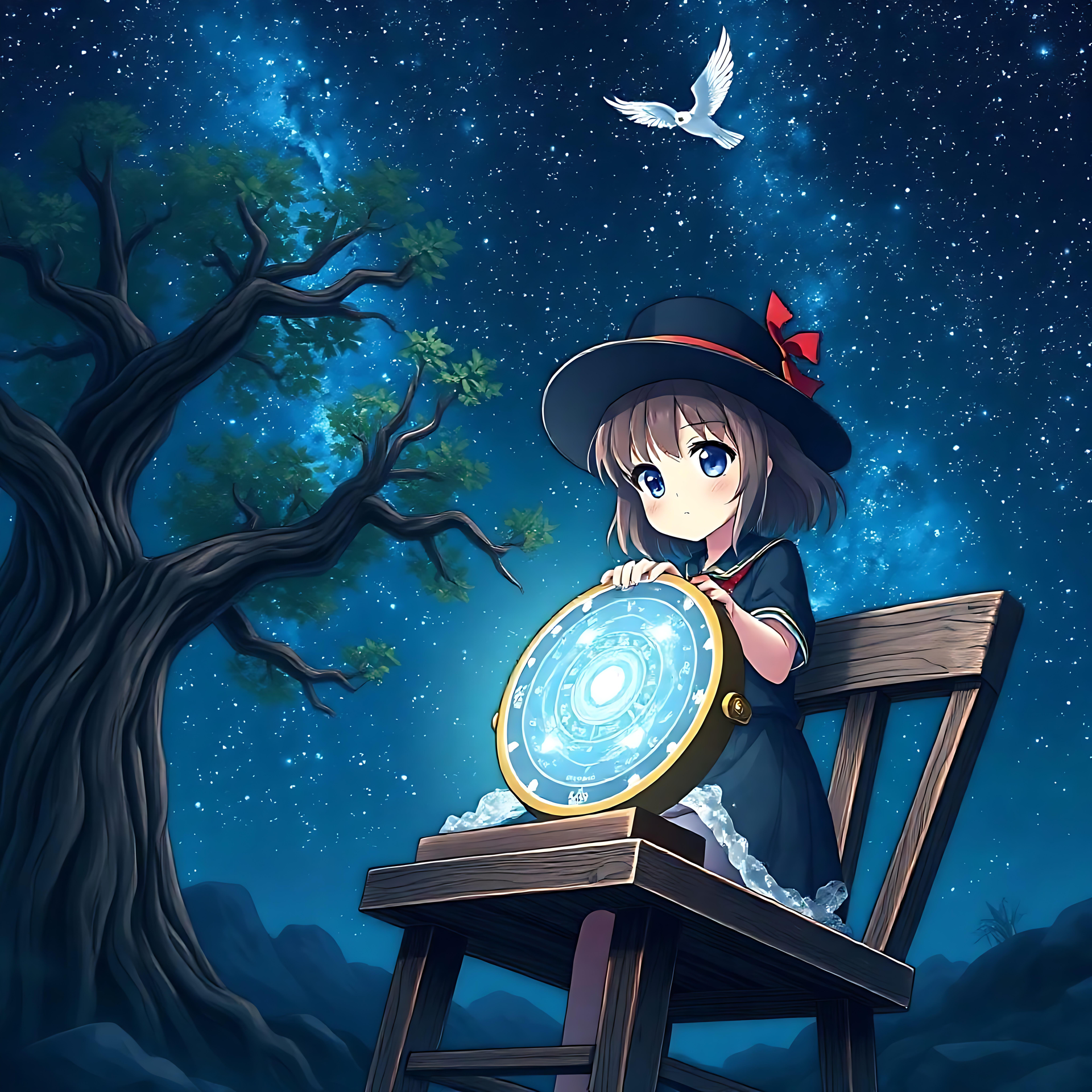 Verzauberte Sternenklare Nacht: Anime-Mädchen und mystischer Globus Anime-Mädchen sitzt unter einem sternenklaren Nachthimmel mit einem leuchtenden Globus und einer fliegenden Taube.