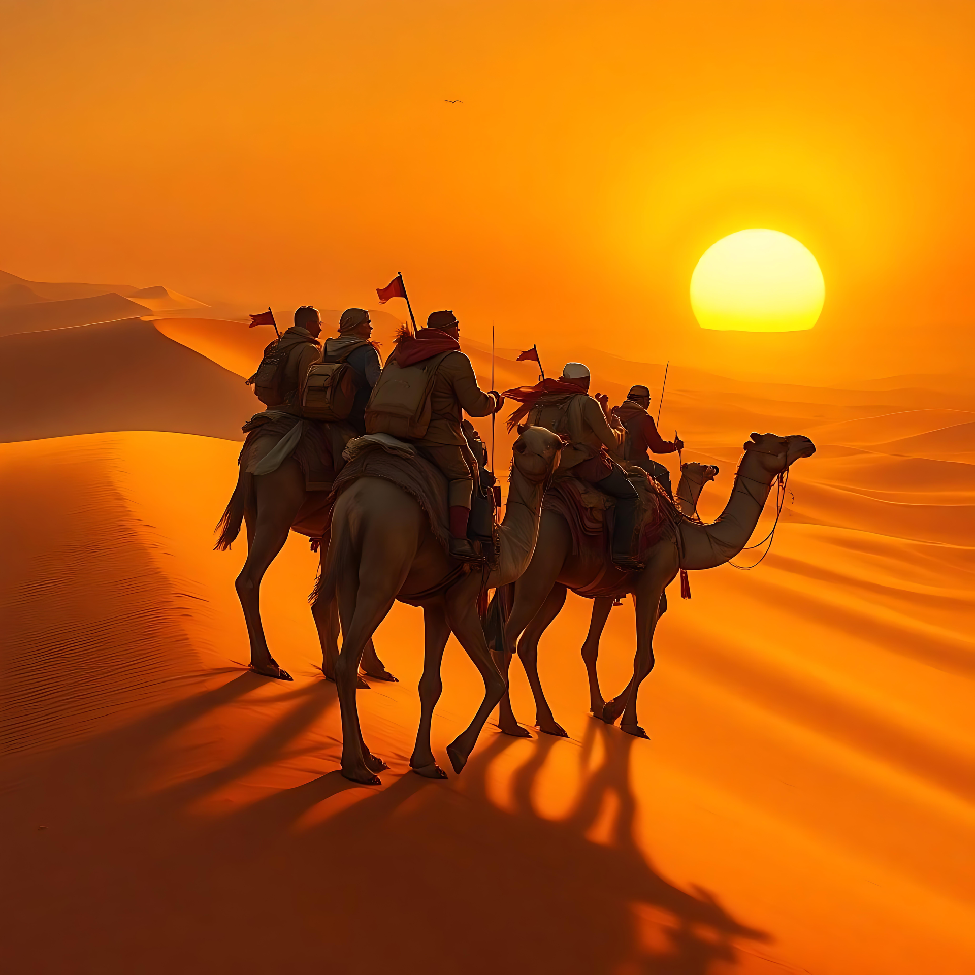 Caravana de Camelos ao Pôr do Sol Dourado: Uma Jornada no Vastidão Desconhecido Um grupo de viajantes em camelos atravessando dunas douradas ao pôr do sol.