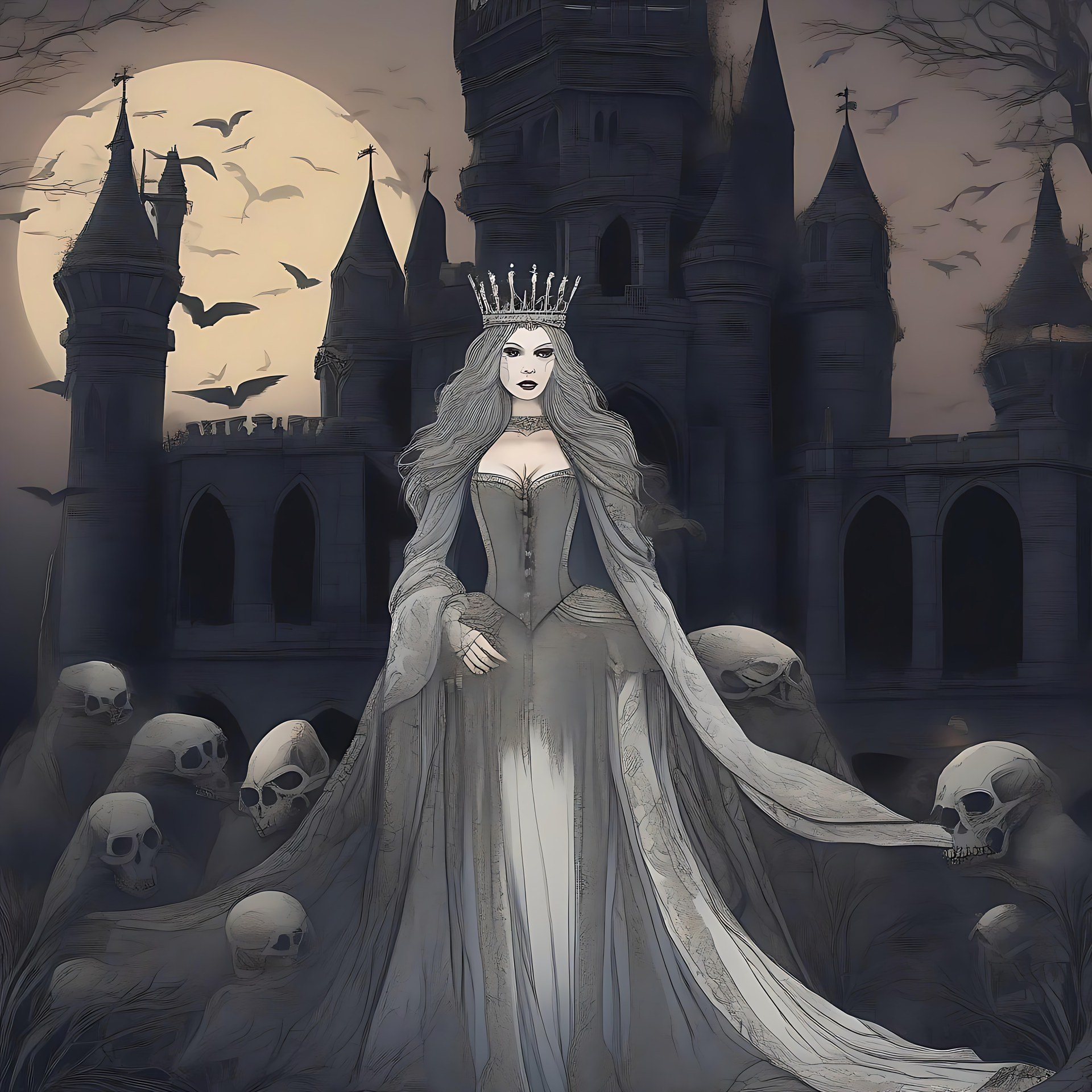 Reine gothique mystique au milieu des ombres Reine anime gothique en robe fluide entourée de crânes devant un château hanté et un fond de pleine lune.