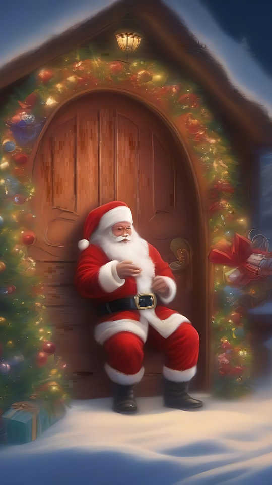 En fridfull julnatt med jultomten Jultomten vilar vid en dekorerad trädörr med en snögubbe i närheten en snöig julnatt.