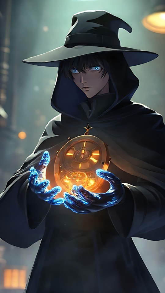En gåtfull anime-trollkarl med en glödande sfär Anime skildring av en förklädd trollkarl som håller en glödande sfär i en mystisk, steampunk-stil verkstad.