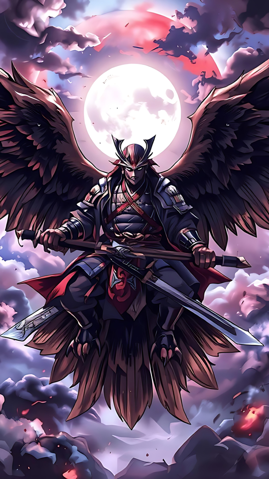 En episk bevinget samurai under måneskinnet Anime kunst af en bevinget samurai sidder under en oplyst fuldmåne i en dramatisk skyet himmel