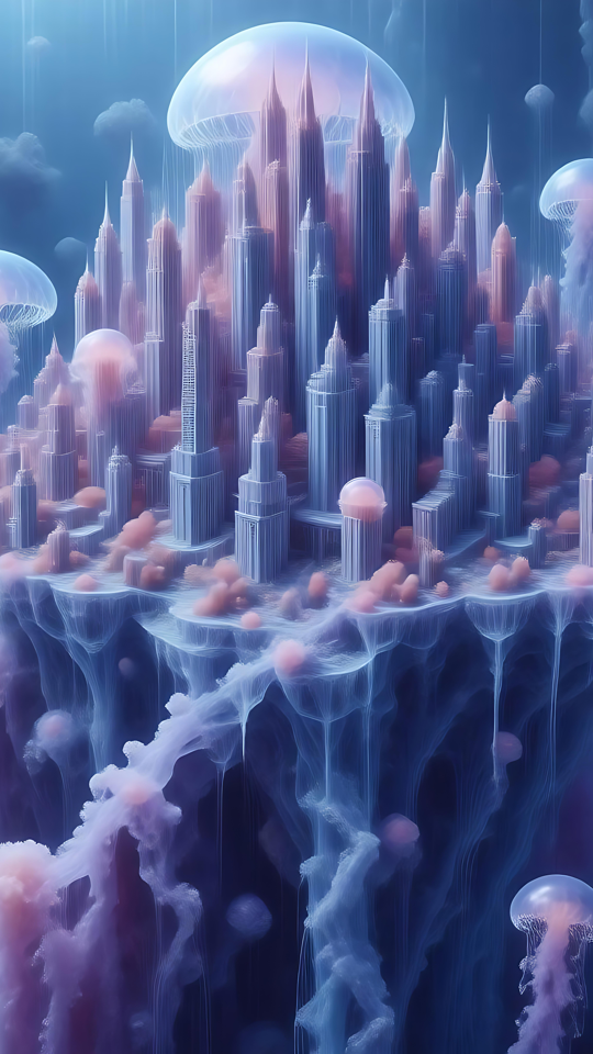 En Surrealistisk Flydende Vandmand By i Animestil Surrealistisk bybillede i animestil bygget på en glødende vandmand med andre vandmænd i baggrunden.