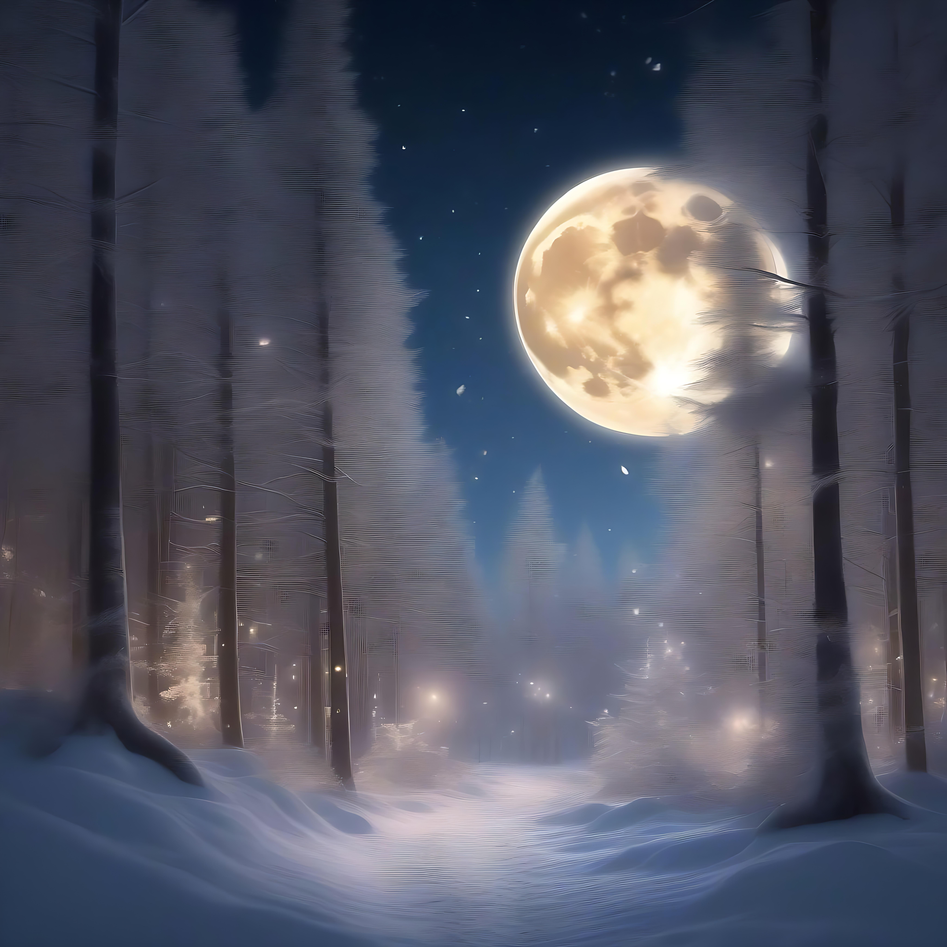 Moonlit Winter Wonderland: A Snowy Forest Scene Serene moonlit snowy forest with glowing full moon and tall frosted trees.