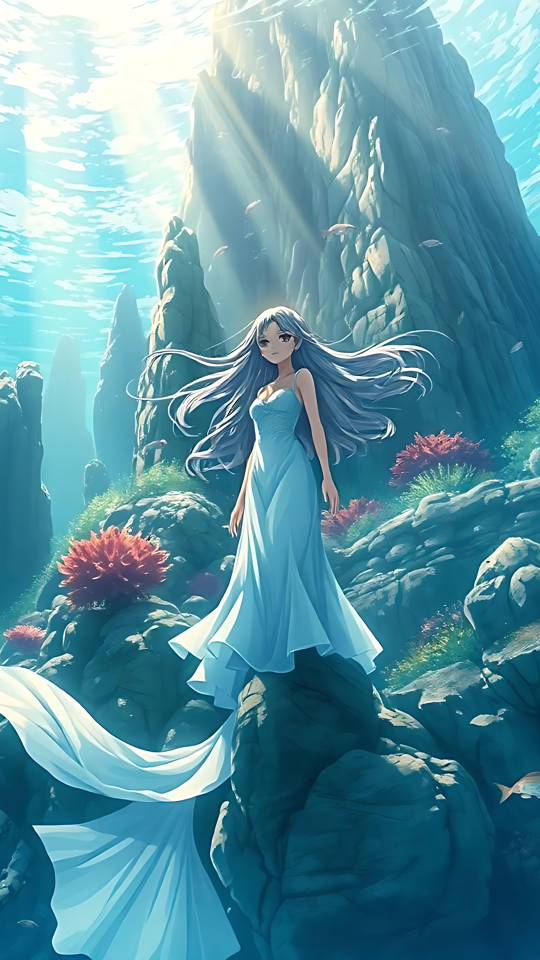Fortryllet Animeverden Under Bølgerne En levende undervands anime scene med flydende elegance midt i koralrev og havundere.