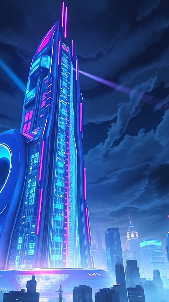 Λαμπερός Νεονοπύργος σε ένα Cyberpunk Anime Αστικό Τοπίο Cyberpunk anime ουρανοξύστης που λάμπει σε ζωηρά νεόν πίσω από ένα συννεφιασμένο αστικό τοπίο