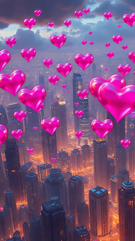 Kærlighedens By: Strålende Hjerter Fylder Nattehimlen Valentinsdag tapet, der viser glødende lyserøde hjerter over et bybillede om natten.
