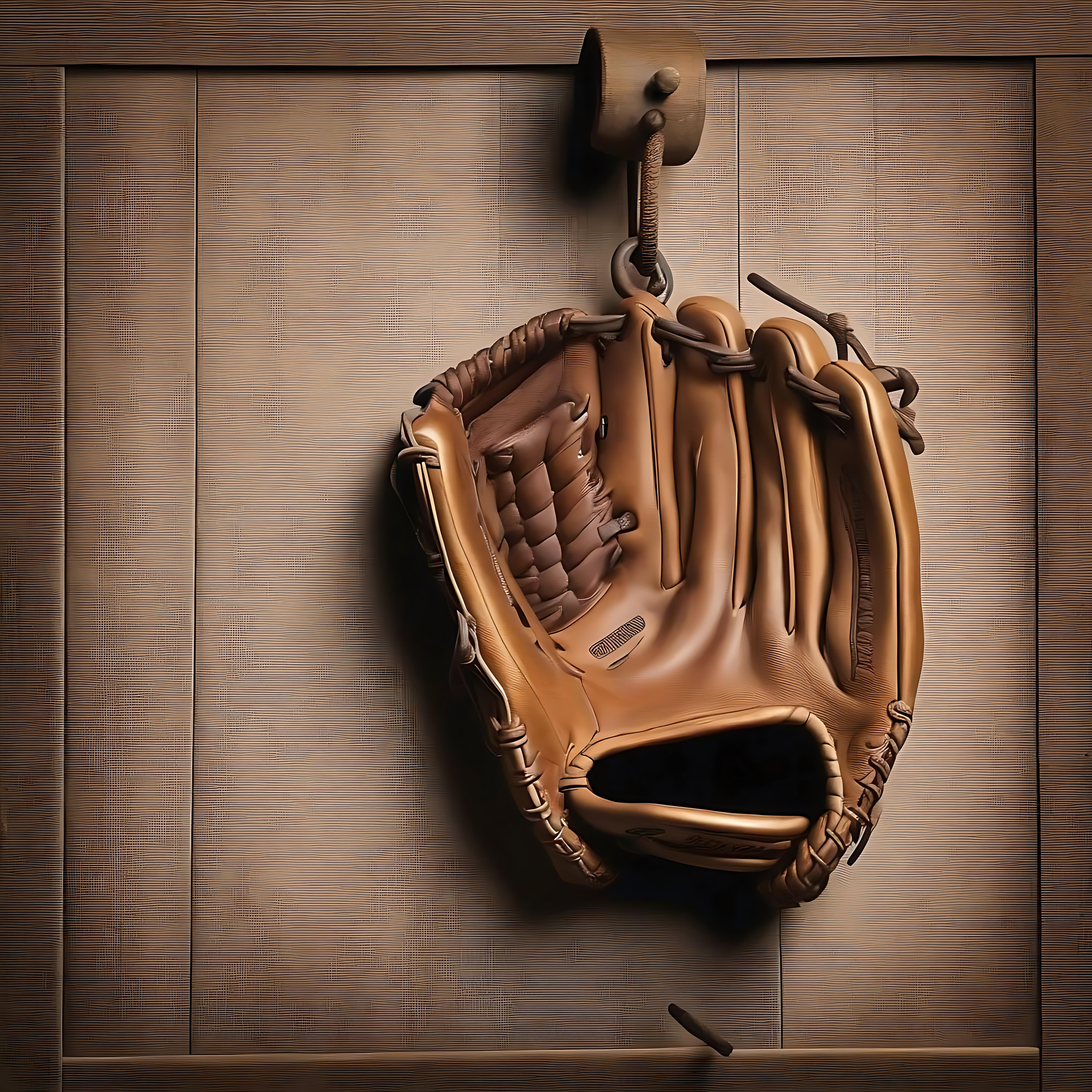 Fejr faderskabet med et strejf af baseballnostalgi En hængende baseballhandske i læder mod en træbaggrund, der indfanger Fars dags nostalgi.