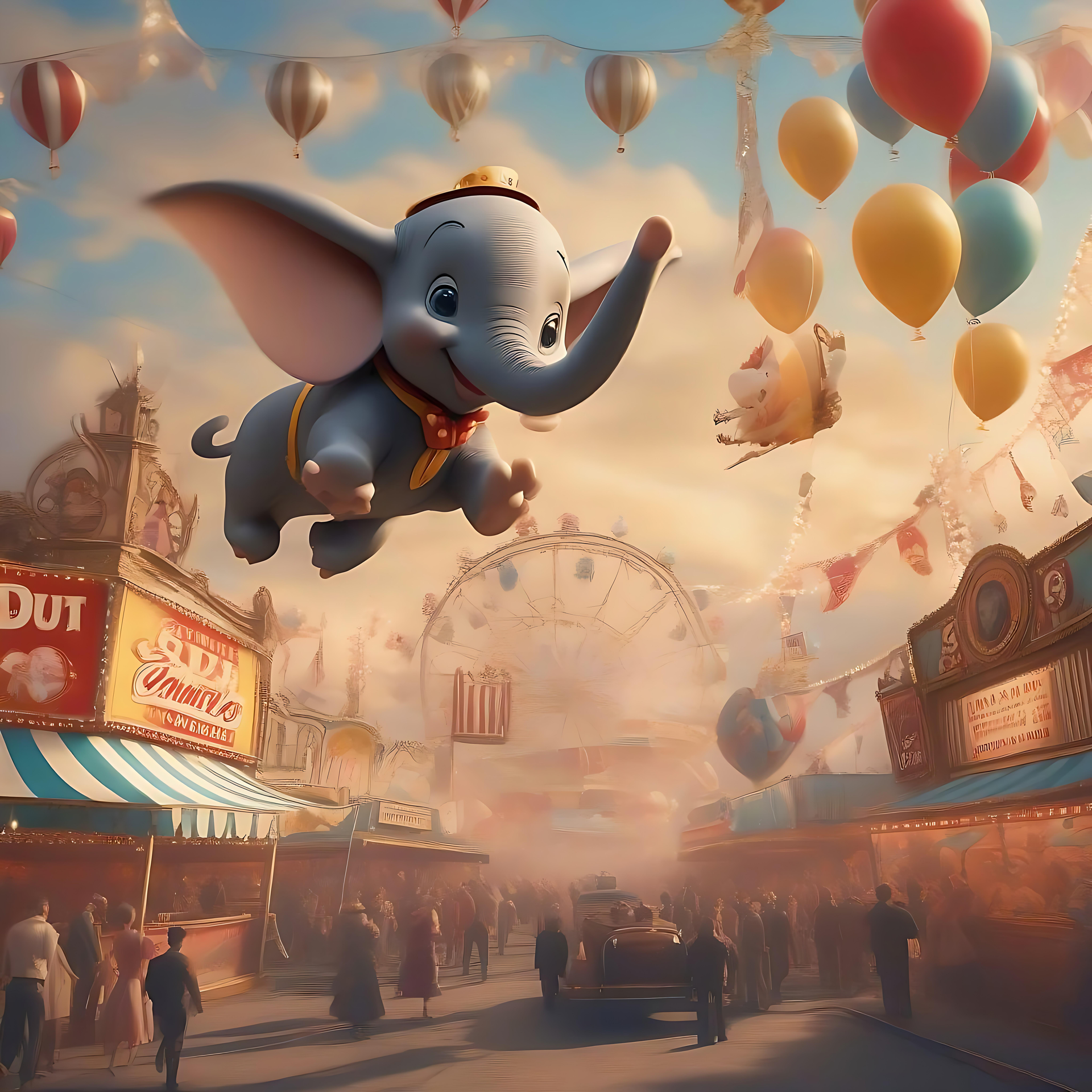 L'aventure aérienne de Dumbo au carnaval Dumbo l'éléphant volant plane au-dessus d'un carnaval vintage avec des ballons remplissant le ciel.