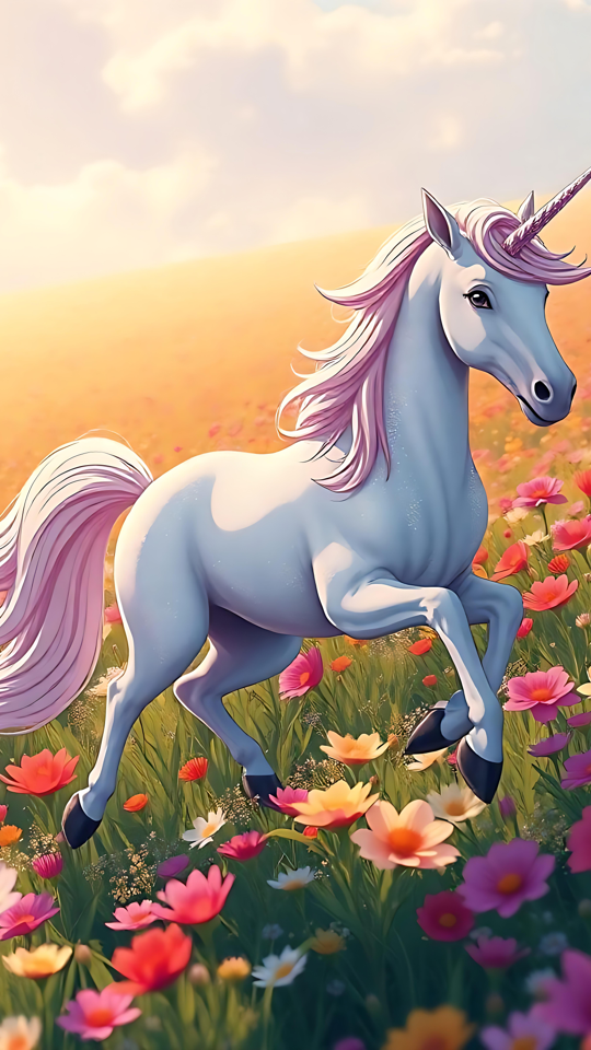Mágico Unicornio Anime Pastando en un Campo de Sueños Unicornio estilo anime pastando en un prado colorido bajo un cielo radiante.