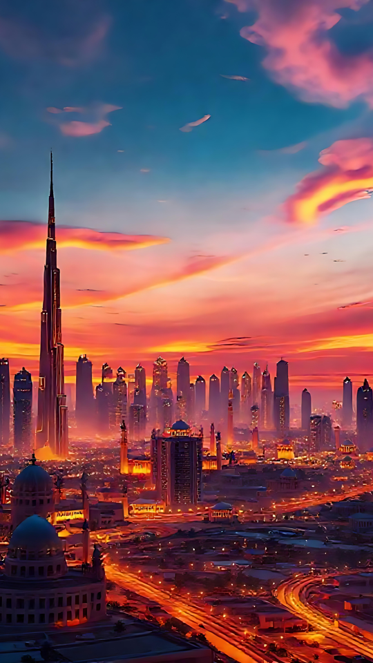 Dubais skyline badet i glødende solnedgangsfarver Dubais skyline ved solnedgang med levende orange og lyserød himmel og futuristisk arkitektur i 8K opløsning.