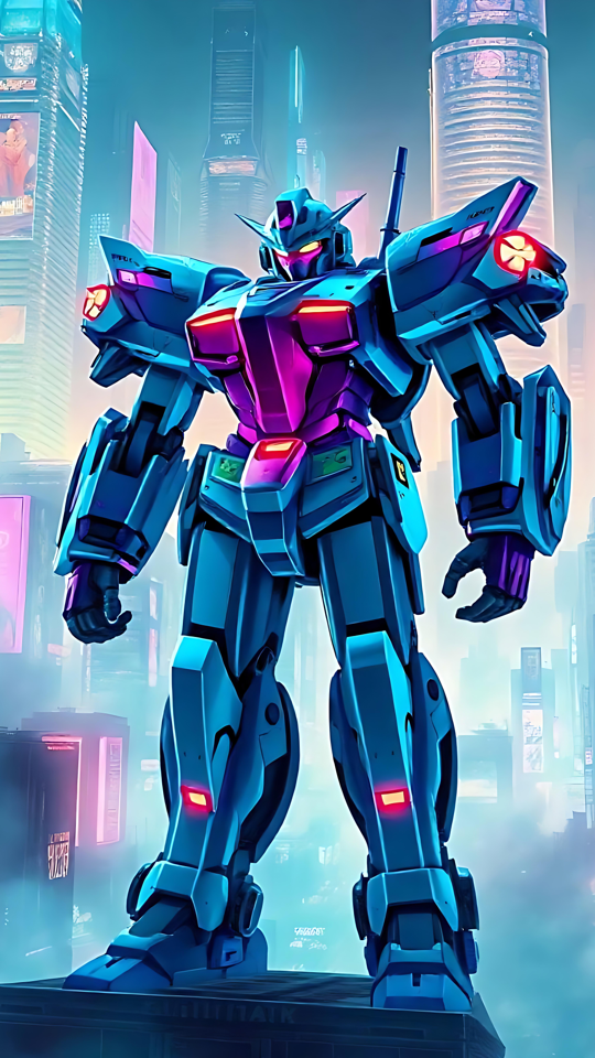 Mecha Épico contra o Cenário das Maravilhas de Neon Mecha imponente brilhando em cores neon cercado por uma paisagem urbana futurista inspirada em anime, iluminada por outdoors.