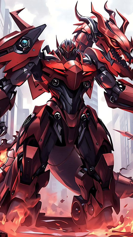 Epischer roter Mecha-Drache dominiert eine futuristische Stadtlandschaft Ein mächtiger roter Mecha-Drache im Anime-Stil, der inmitten einer futuristischen Stadt steht.