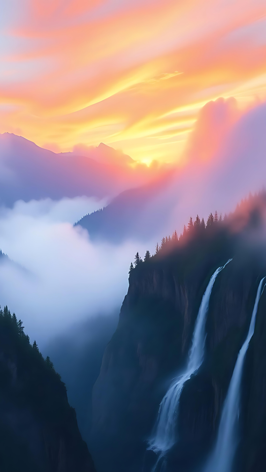 Tramonto da Sogno su Cascate Montane Un tramonto con tonalità rosa e arancioni su montagne coperte di nebbia con cascate.