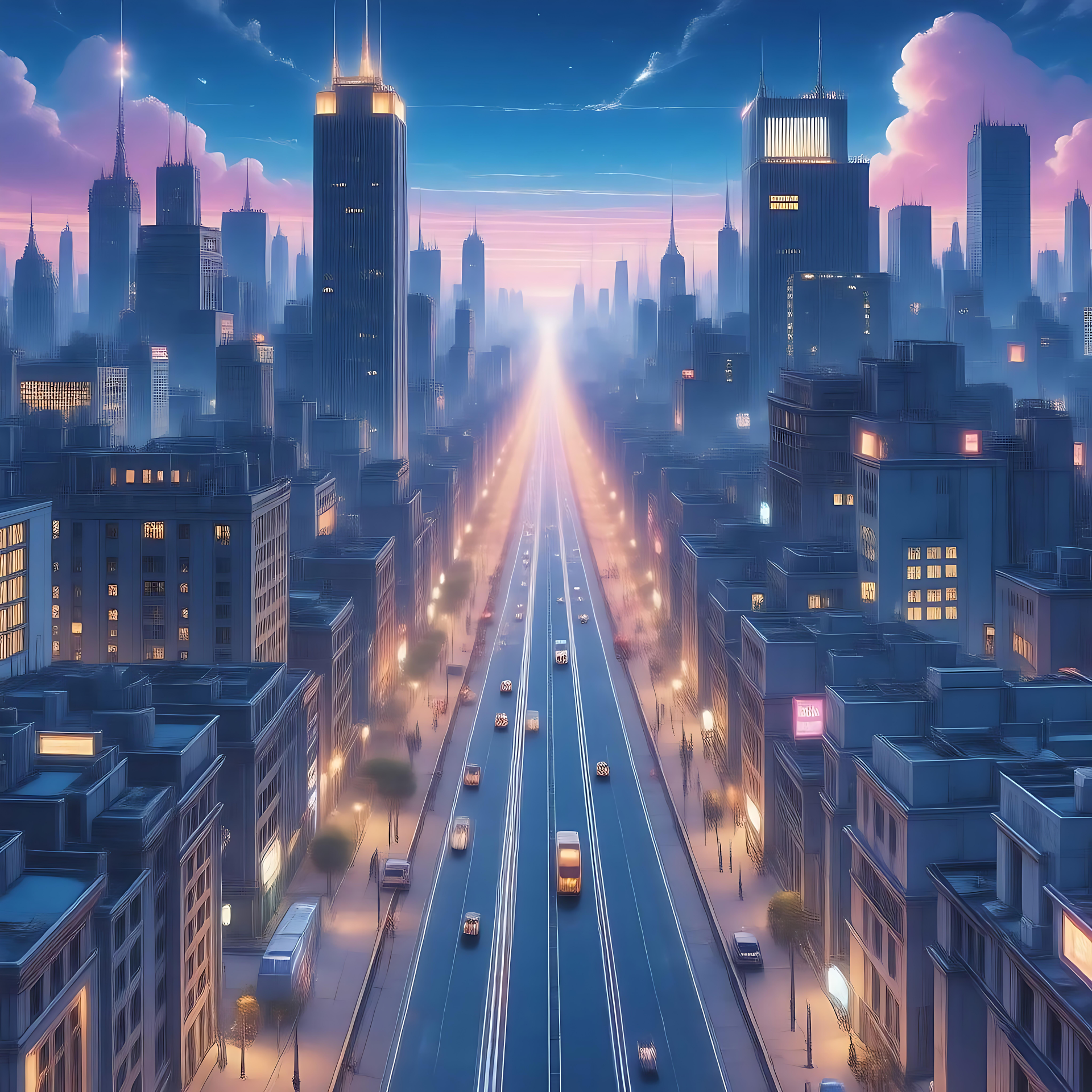 活気あふれるアニメ都市景観を通る黄昏の旅 薄明かりのアニメ都市景観、スカイラインが柔らかな紫と青で輝く