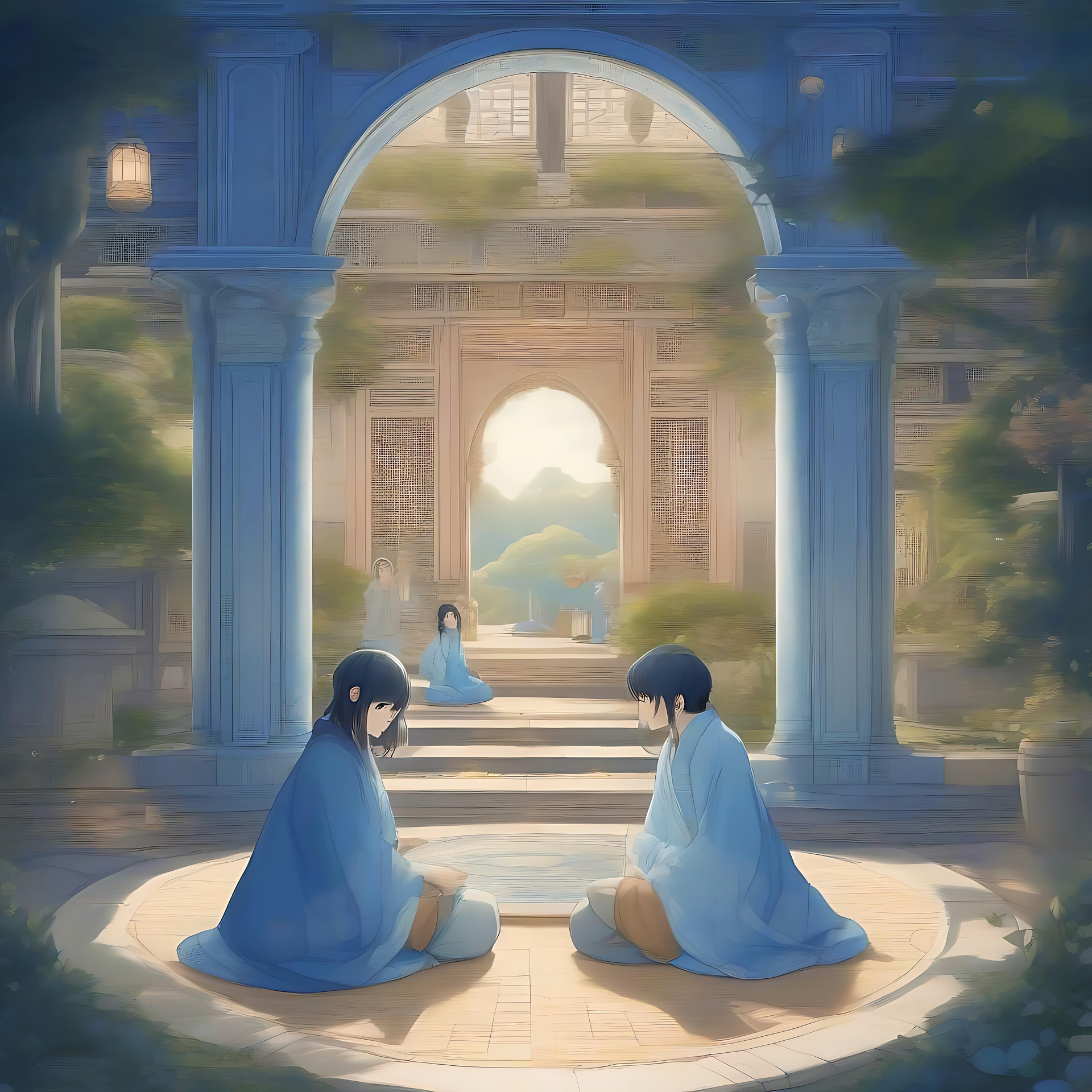 Serenidade num Jardim do Pátio do Anime Dois personagens de anime sentados em um pátio de jardim tranquilo, cercado por vegetação exuberante e arcos antigos, em tons azuis suaves.