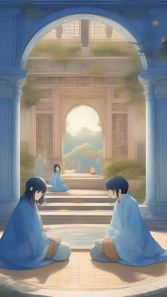 Bir Anime Bahçesinde Serenity Sakin bir bahçe avlusunda oturan iki anime karakteri, yeşillik ve eski kemerlerle çevrili, yumuşak mavi tonlarda.