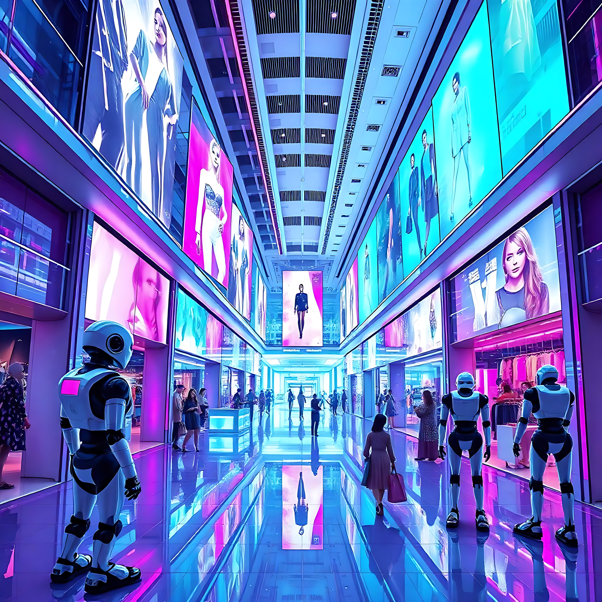 Entra en un centro comercial de moda neon-futurista Futurístico centro comercial de moda iluminado con neón con robots y despliegues de moda brillantes