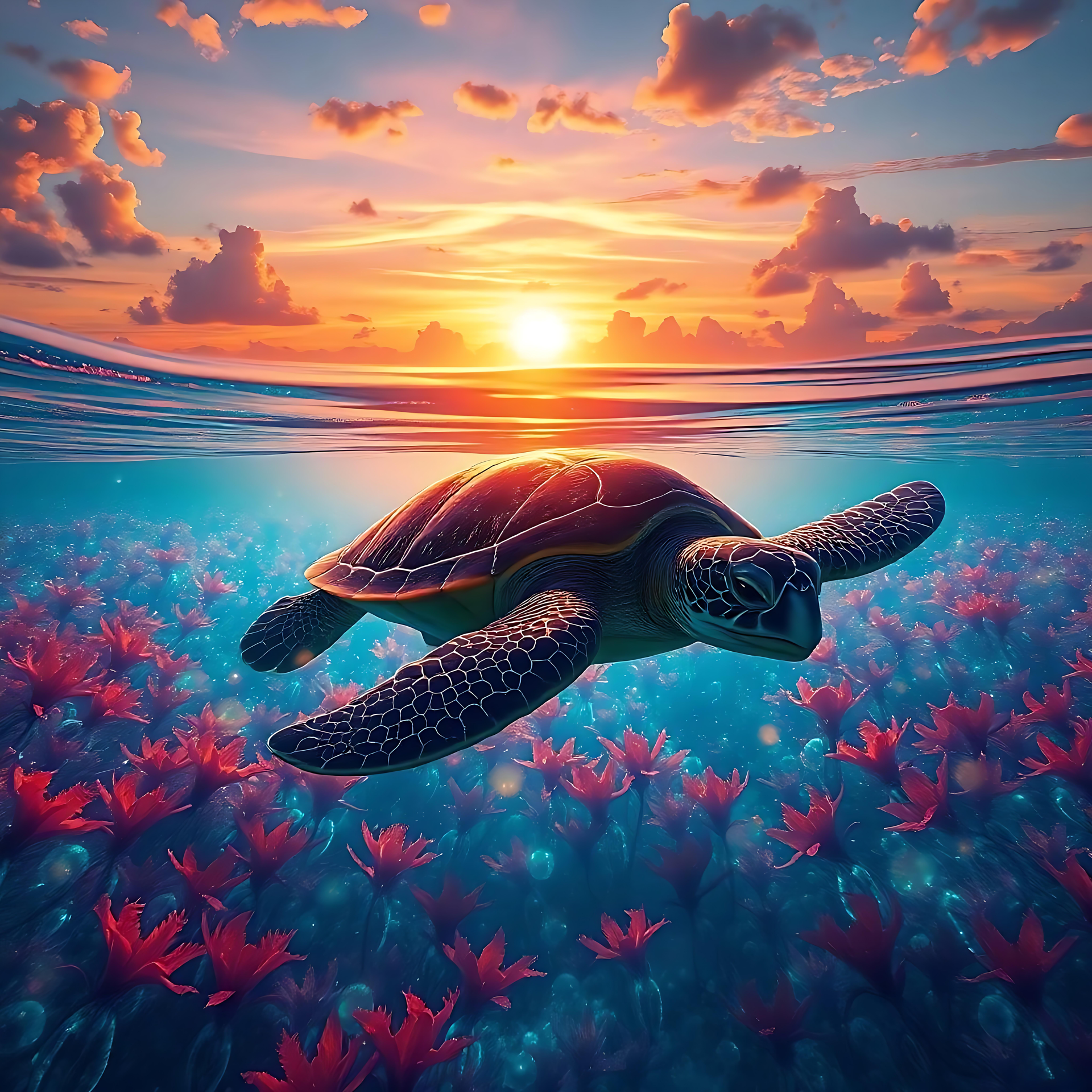 Gliding Serenity: una tartaruga marina sotto un ardente tramonto Una tartaruga marina che scivola sott'acqua circondata da coralli rossi vibranti e da un tramonto mozzafiato.