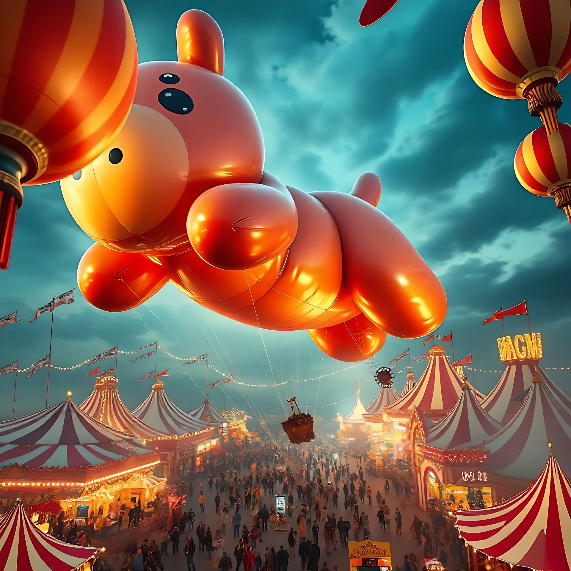 Ballon Ours Flottant Au-dessus d'un Carnaval Spectaculaire Un ballon lumineux orange en forme d'ours flottant au-dessus d'une scène de carnaval colorée avec des tentes rayées et un ciel atmosphérique.
