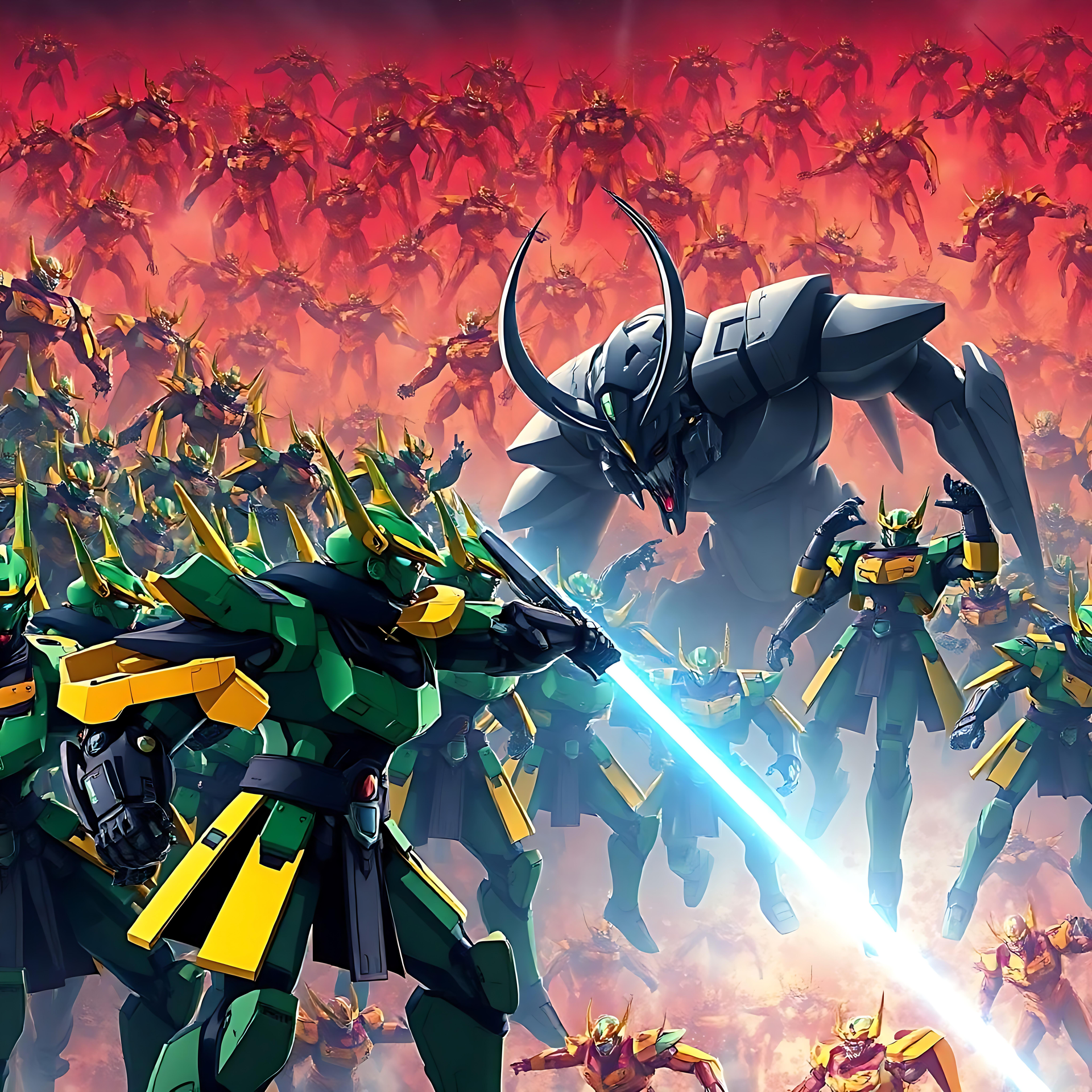 Epic Clash of Mechas Amidst Fiery Fury An epic anime mech battle featuring a black horned leader against green-armored robots in a fiery background.