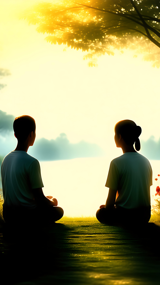 Nascer do sol tranquilo: Inspiração perfeita para o regresso às aulas Duas pessoas sentadas numa encosta relvada no meio da natureza com um nascer do sol dourado.
