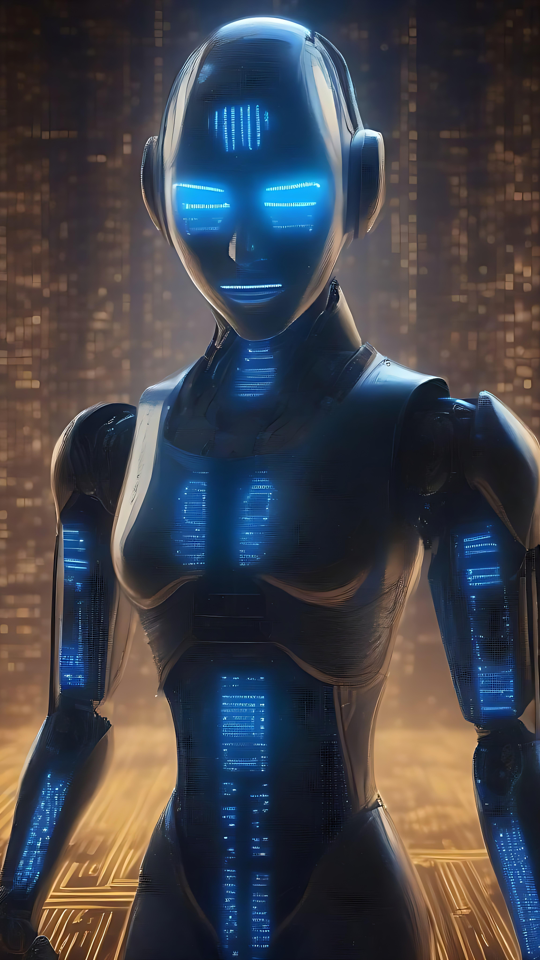 Robot IA néon brillant dans un paysage urbain numérique Robot humanoïde IA brillant de lumières néon bleues se tenant devant un paysage urbain numérique doré