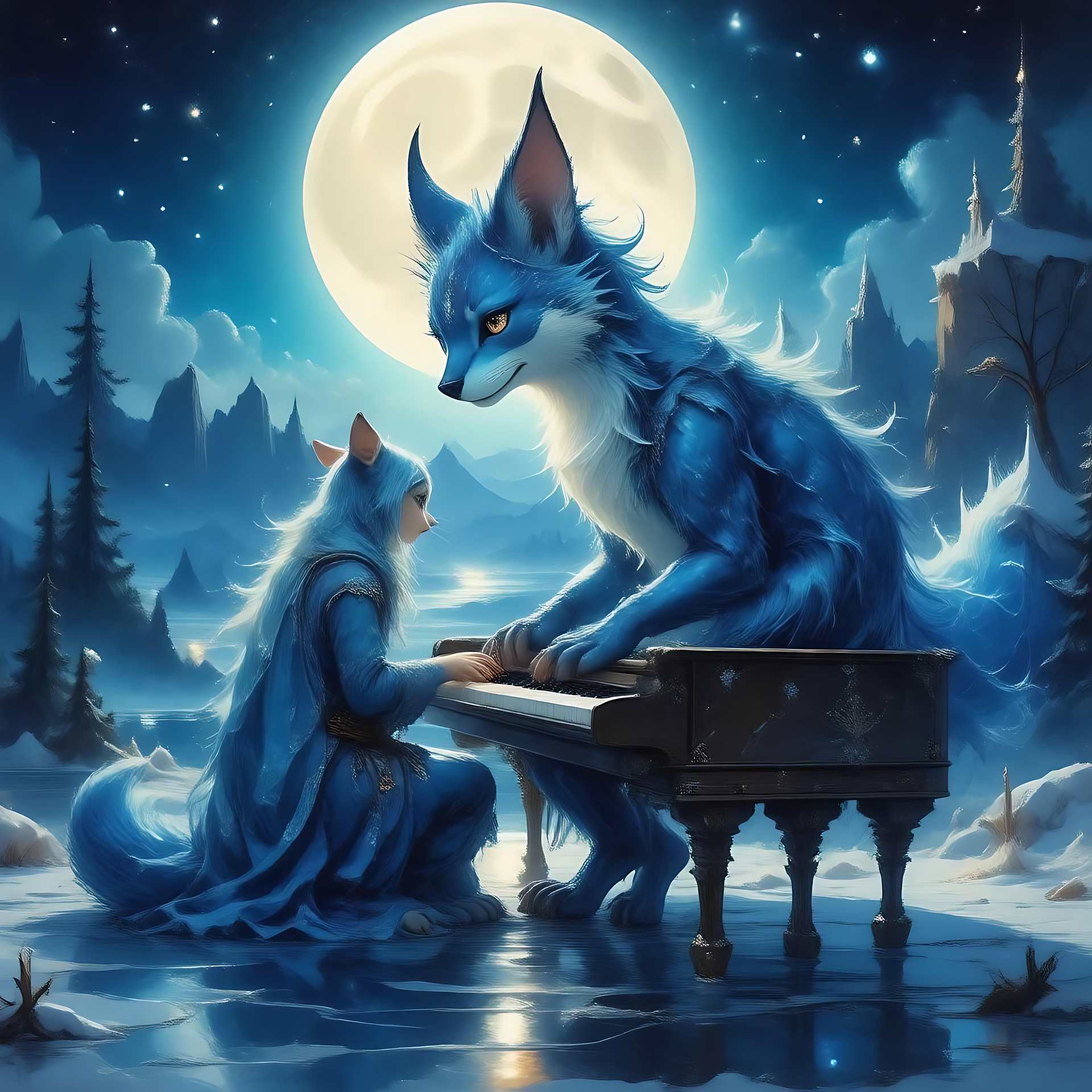 Loups mystiques d'anime jouant sous la lune Loups anime jouant du piano sous une lune brillante dans un décor hivernal éthéré