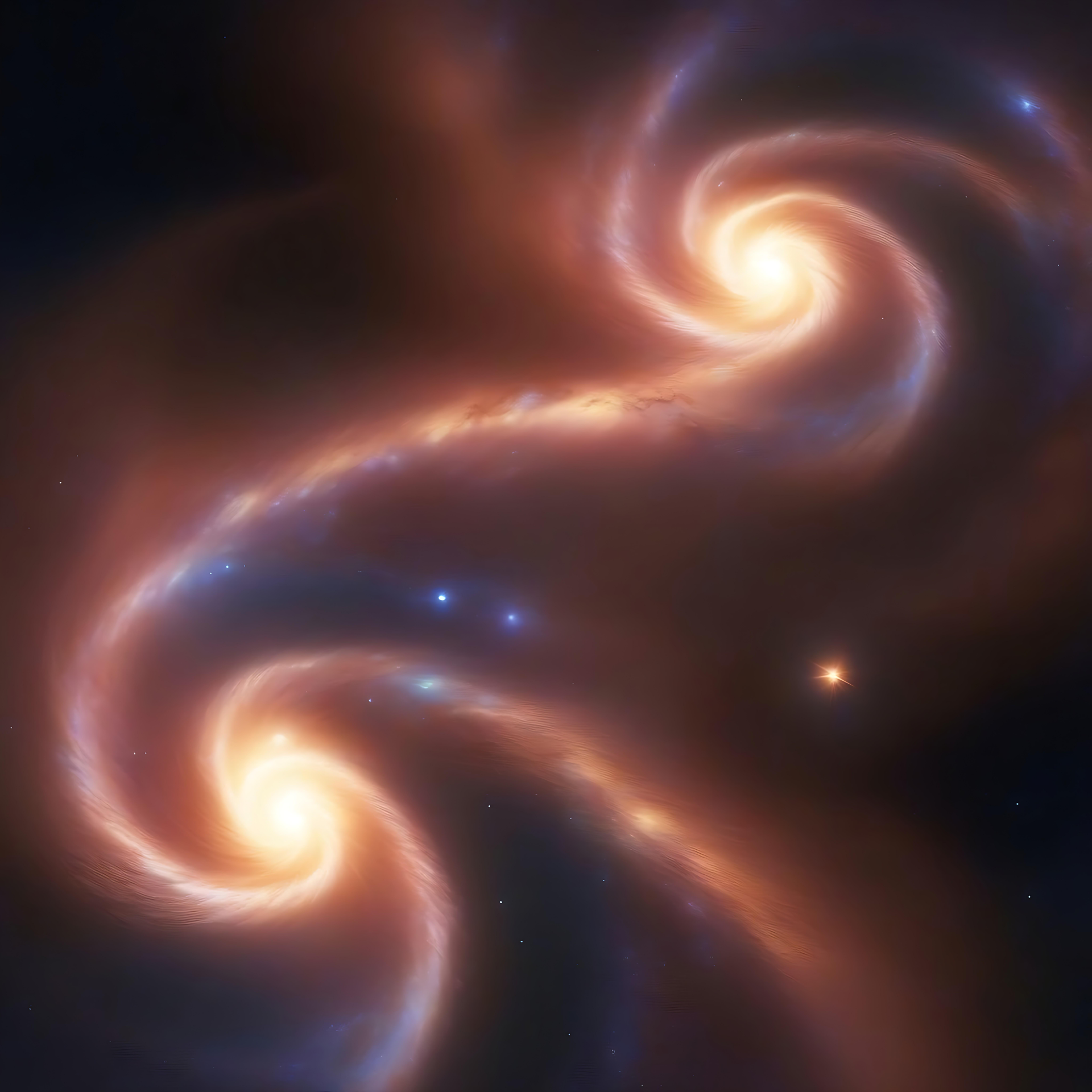 神秘能量的星系旋涡 一幅迷人的科幻艺术品,描绘了太空中两个相互交织的星系旋涡。