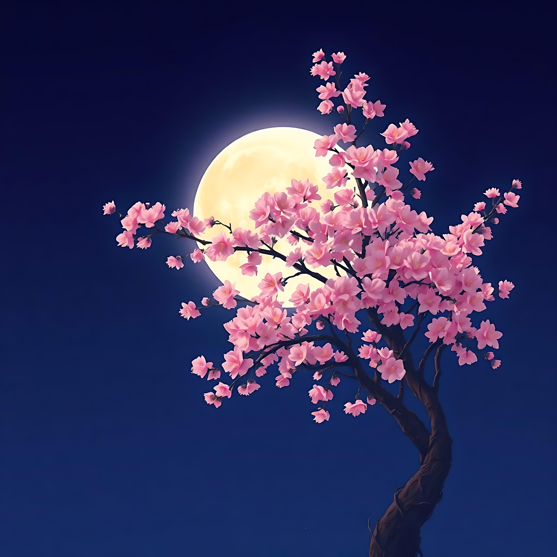 Sakura Sereno Florescendo sob Céus Iluminados pela Lua Árvore de cerejeira em flor em estilo anime sob uma lua cheia brilhante contra um céu noturno azul escuro.