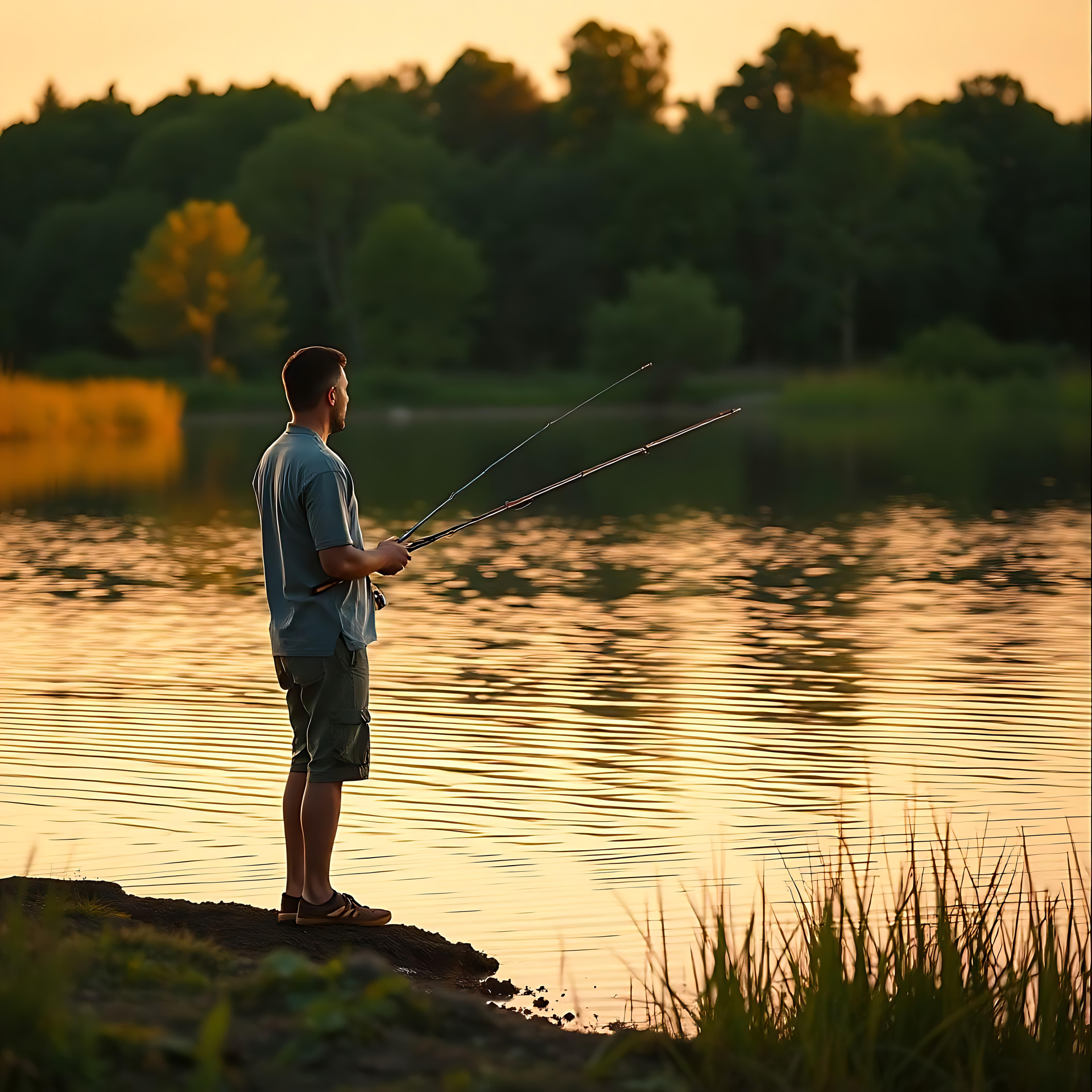 Pêche à la Fête des Pères au Coucher du Soleil Une image sereine d'un père pêchant au coucher du soleil près d'un lac calme entouré de verdure.