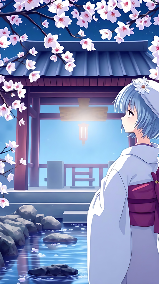 Ro under Kirsebærblomsterne: Anime Serenity Kunst Anime pige i traditionel dragt under kirsebærblomster ved en bæk om natten.
