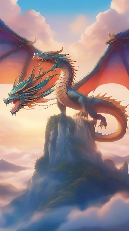 Dragon d'anime majestueux au-dessus des pics brumeux Dragon d'anime majestueux avec des ailes déployées sur un pic rocheux entouré de montagnes brumeuses et de ciels lumineux.
