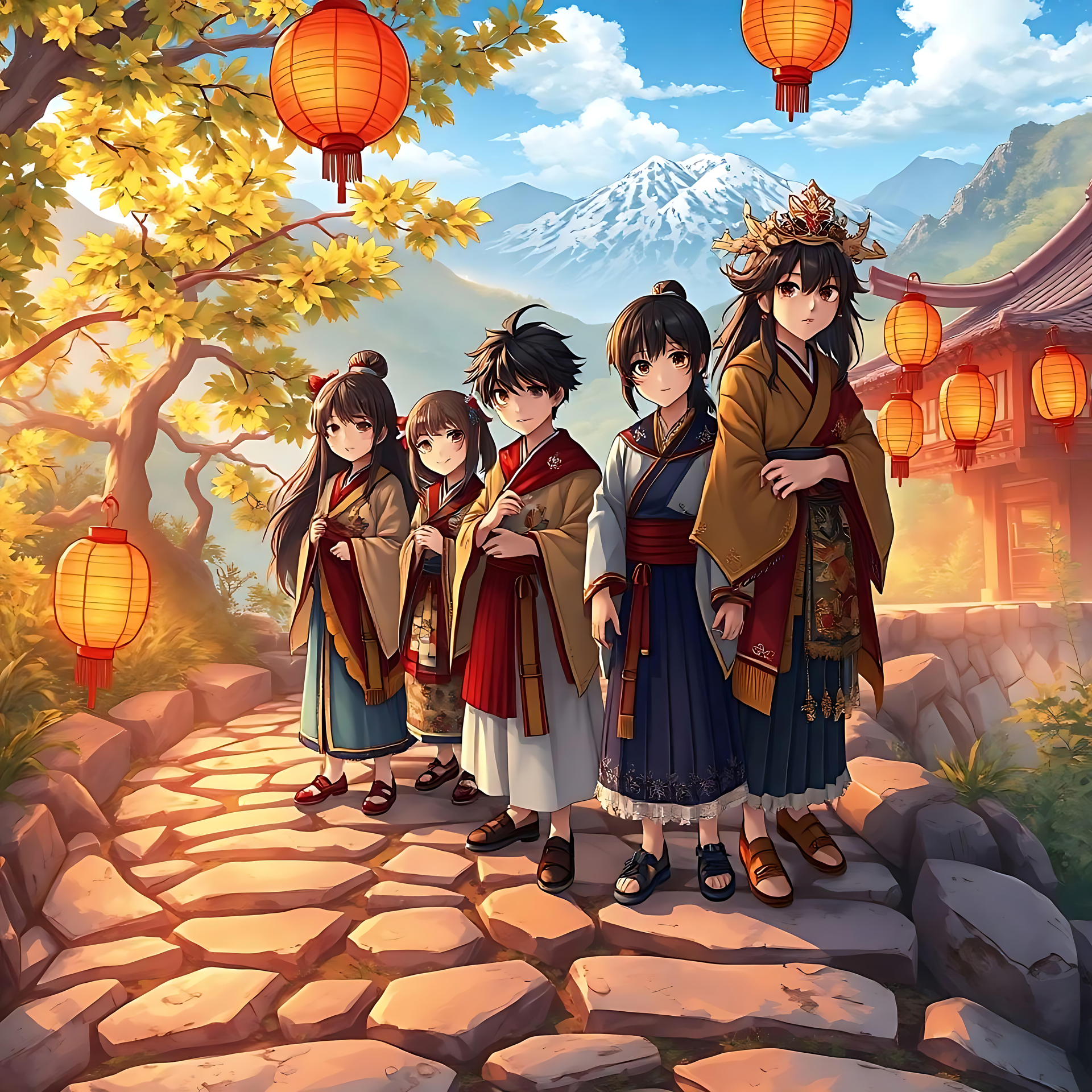 Bezauberndes Anime Laternenfest Eine lebendige Anime-Szene mit Charakteren in traditionellen Gewändern, umgeben von leuchtenden Laternen, einem goldenen Herbstbaum und einer schneebedeckten Bergkulisse.